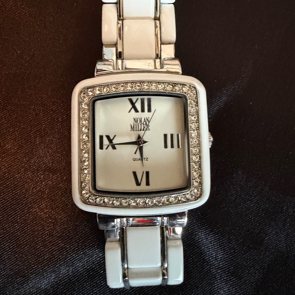 Nolan Miller White and Silver Crystal-Trim Square Women's Watch